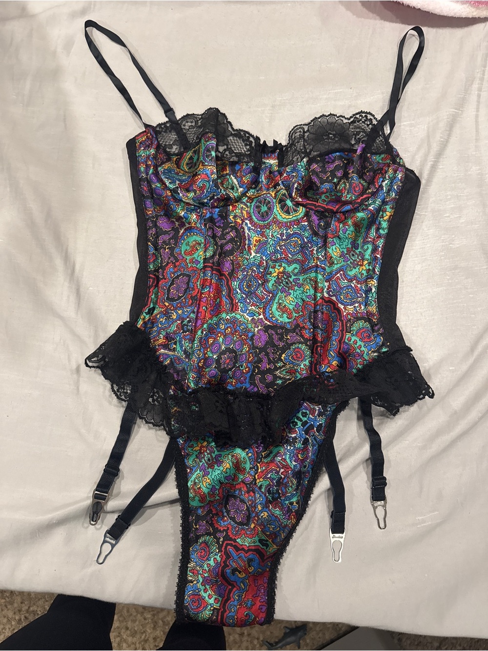 VTG Sears Black Multicolor Paisley Lace Bustier Bodysuit